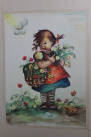 Little girl picking original hummel flowers watercolor, no print, collectible piece