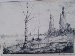 Imre Bende: landscape with cows, marked etching