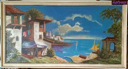 Tengerparti mediterrán paradicsom, Szicília jellegzetes épületeivel, szignált festmény.