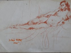 Erika Juhász: red female nude, pastel, original marked
