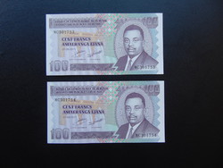 Burundi 2 pieces of 100 francs 2011 serial number unfolded banknotes
