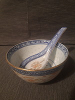 Eredeti Kinai rizszemes aranyozott porcelán cukortartó kanállal