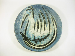 Gorka lívia, retro 1950s bird motif blue artistic ceramic wall plate, flawless! (G052)