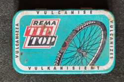 Régi Rema Tip Top kerékpáros gumiragasztó fém doboza