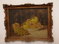 Ferenc Dobay - table still life - beautiful, original antique oil painting, antique blonde - 1 Forint