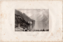Chillon Castle, steel engraving 1843, payne's universe, original, 10 x 16, engraving, Switzerland, Lake Geneva, castle