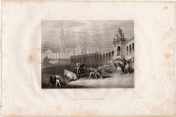 A bikaviadal, acélmetszet 1843, Payne's Universum, eredeti, 11 x 15, metszet, Spanyolország, bika