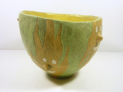 Gorka lívia, retro 1950 three-faced green & beige 17.8 Cm artistic ceramic pot, flawless! (G107)