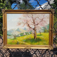 Halápy János: Mandulavirágzás, olaj, vászon 61 x 81 cm, festmény, tájkép. Antik képkeret.