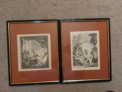 Two spicy, very old lithographs, in their original framing