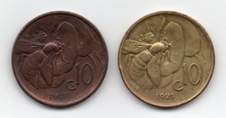 Olaszország 10 centesimi, 1927, vörös és 1921, sárga