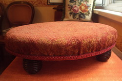 Antique turned round foot, brand new condition (upholstered in velvet) oval footstool.