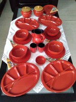 Austrian 4-person red faience breakfast set with spice holders, fondue and glass set.