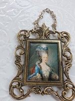 jelzett olasz miniatűr Marie Antoinette selyemkép keretben