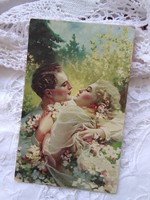 Antik képeslap, romantikus, szerelmes pár, 'A szerelem tavasza' címmel kb. 20-30-as évek