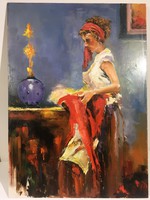 István Károlyi: female figure with red tablecloth, oil painting