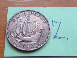 English England 1/2 half penny 1942 king george vi. Golden hind sailing ship #z
