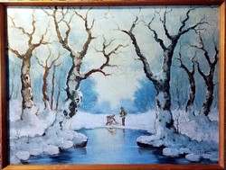 Hunters in the winter forest, large (76.5 X 58), marked, oil painting