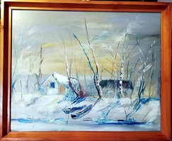 Cozy winter waterfront, marked oil painting