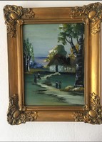Antique oil painting on woodland village landscape!