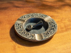 Marked b laborcz flora retro craftsman ashtray, copper / bronze ashtray with butt press, goldsmith