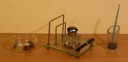 Vintage üveg, réz íróasztali készlet apró kiegészítőkkel