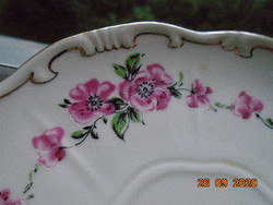 Shield-sealed, glazed over-glazed, gold-contoured, rosy zsolnay plate