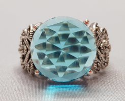 Különleges nagy kék köves 925 ezüst gyűrű markazitokkal