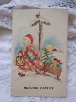 Régi újévi grafikus képeslap/üdvözlőlap angyalka, fenyő, játékok, hó, lámpás 1940