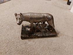 Birth of Rome, Romolus and Remus, and the wolf, tin statue, broken, 13 cm high, marbled ...
