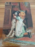 Antik képeslap, kislány kutyussal, 1918