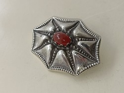 Silver-plated artdeco brooch decorated with carnelian stone