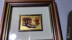 Antique old gold foil chromo lithography framed marked landscape image
