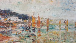 Sailboats - Impressionist landscape (oil-wood fiber 60x49 cm) - unidentified creator, 1968?