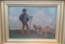 Music with sign: shepherd boy with barricades on old oil wooden board