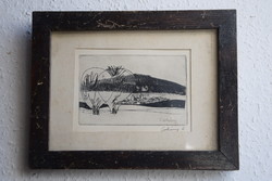 Csohány Kalman copperplate signed, 9x14cm, framed New Year's sale