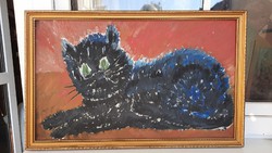 Pihenő fekete cica (olajfestmény keretben, 75x47 cm) állatkép, macska