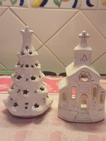 Karácsonyi porcelán aranydíszes fenyő és templom együtt - mécses