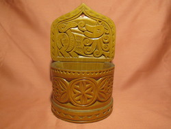 Carved wooden wall storage, salt container, spice rack