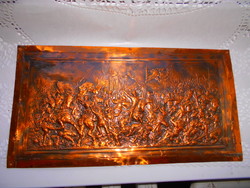 Vörösréz lemez dombormű, relief.-Harci jelenet- aprólékos kézműves munka 32 X 17 cm