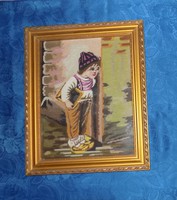 Régi goblein gobelin "Iskola elől bújkáló kisfiú" kép üvegezett képkeret 41,5*50,5 cm
