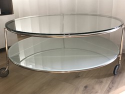 Glass coffee table, rolling, double shelf, 100 cm in diameter