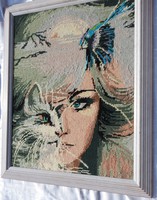 Woman with cat - tapestry picture - modern picture in elegant frame