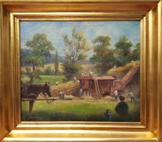 Sándor Pölöskey 1955 / harvest with threshing machine