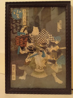 antik japán szamuráj harcos fametszet üveg alatt keretben 1.