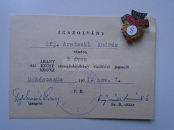 G21.806  Törzsgárda igazolvány és jelvény  1971  Aradszki  Békéscsaba  Faipari K.T.SZ. Gyebnár igaz.