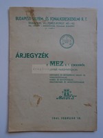 AV836.16  ÁRLISTA a MEZ Rt. cikkeiről  - NAGYATÁD - Budapesti Selyem és Fonalkereskedelmi R.T. 1941