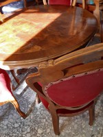 Antik poklábú intarziás étkezőasztal 4 székkel