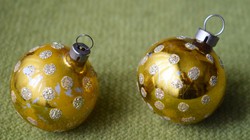 Old Christmas tree ornament with polka dot gold glass sphere 2pcs. Christmas, New Year festive decoration