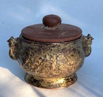 Antique old Chinese bronze incense bowl with ceramic lid. China Japan Asia